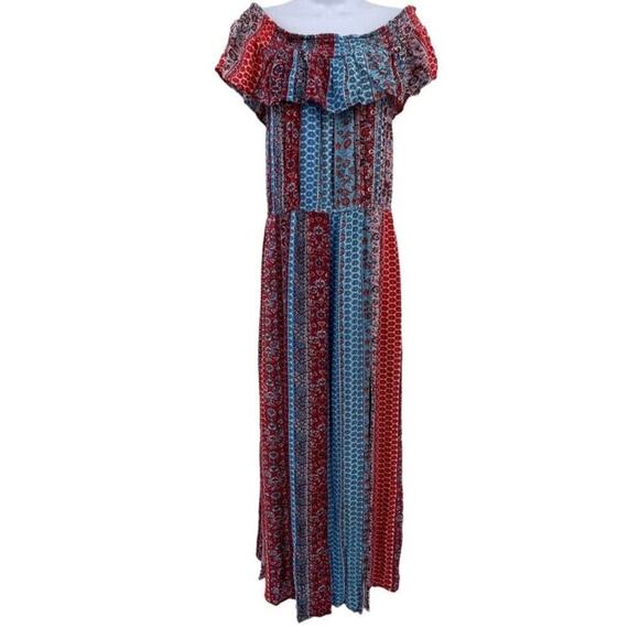 Floral Boho Maxi Dress Xhilaration S-XXL Smocked Off Shoulder Pockets Front Slit - Picture 2 of 5
